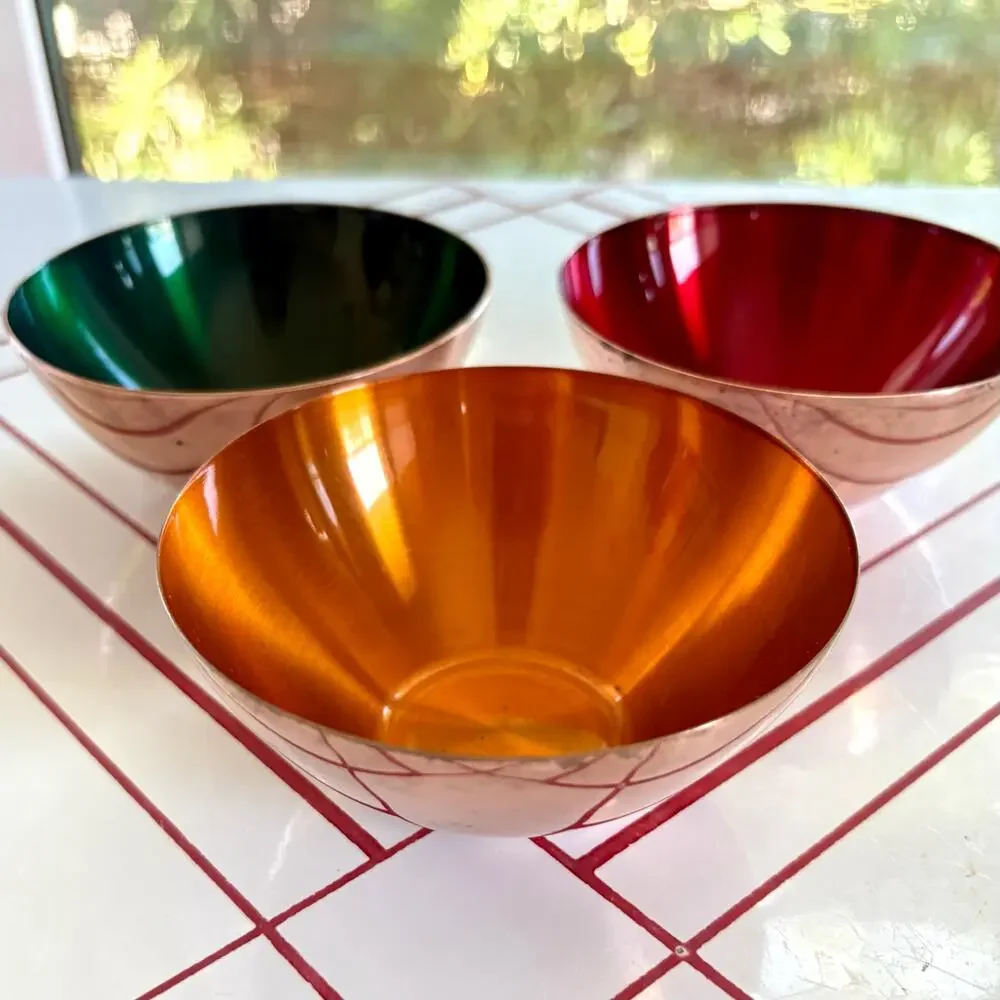 Vintage Enamel on Copper Bowls Set of 3 Scandinavian Modern